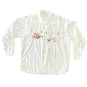 Votum Jacques Britt White Embroidered Cartoon Button Shirt 17 3/4 x 45